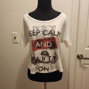 Forever 21 White Red Black Keep Calm and Party On Women's Small Crop Top Shirt